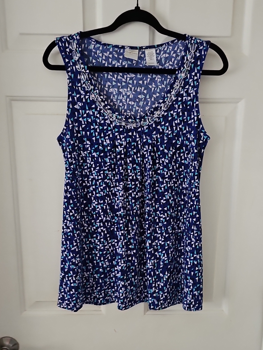 Emma James Navy Geometric Tank with Chain-Detail Neckline